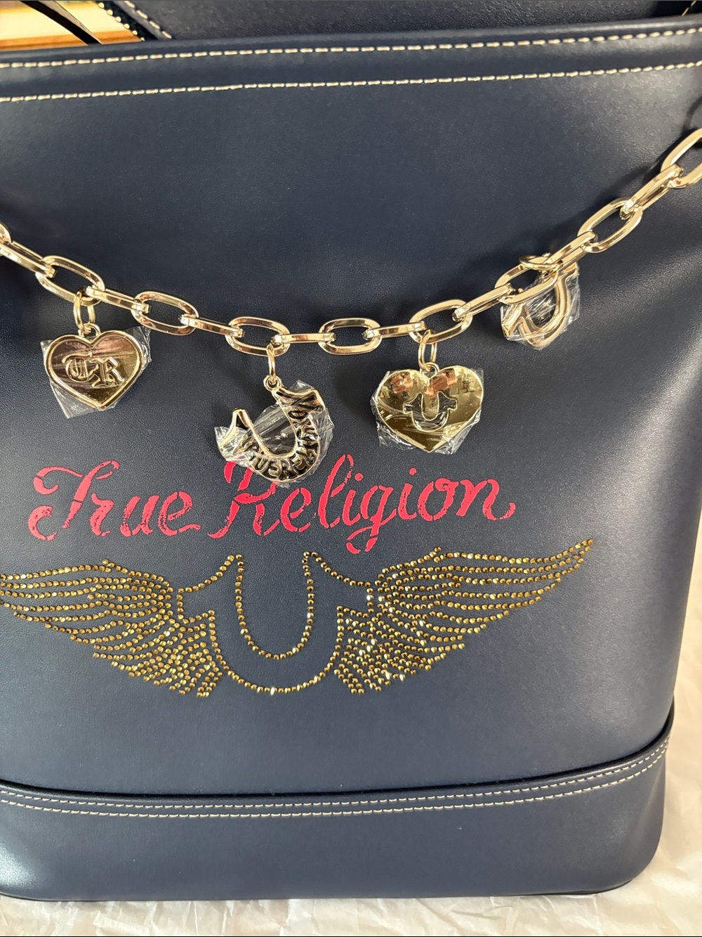 True Religion Faux Navy Leather Charm Shoulder Bag - Picture 4 of 13